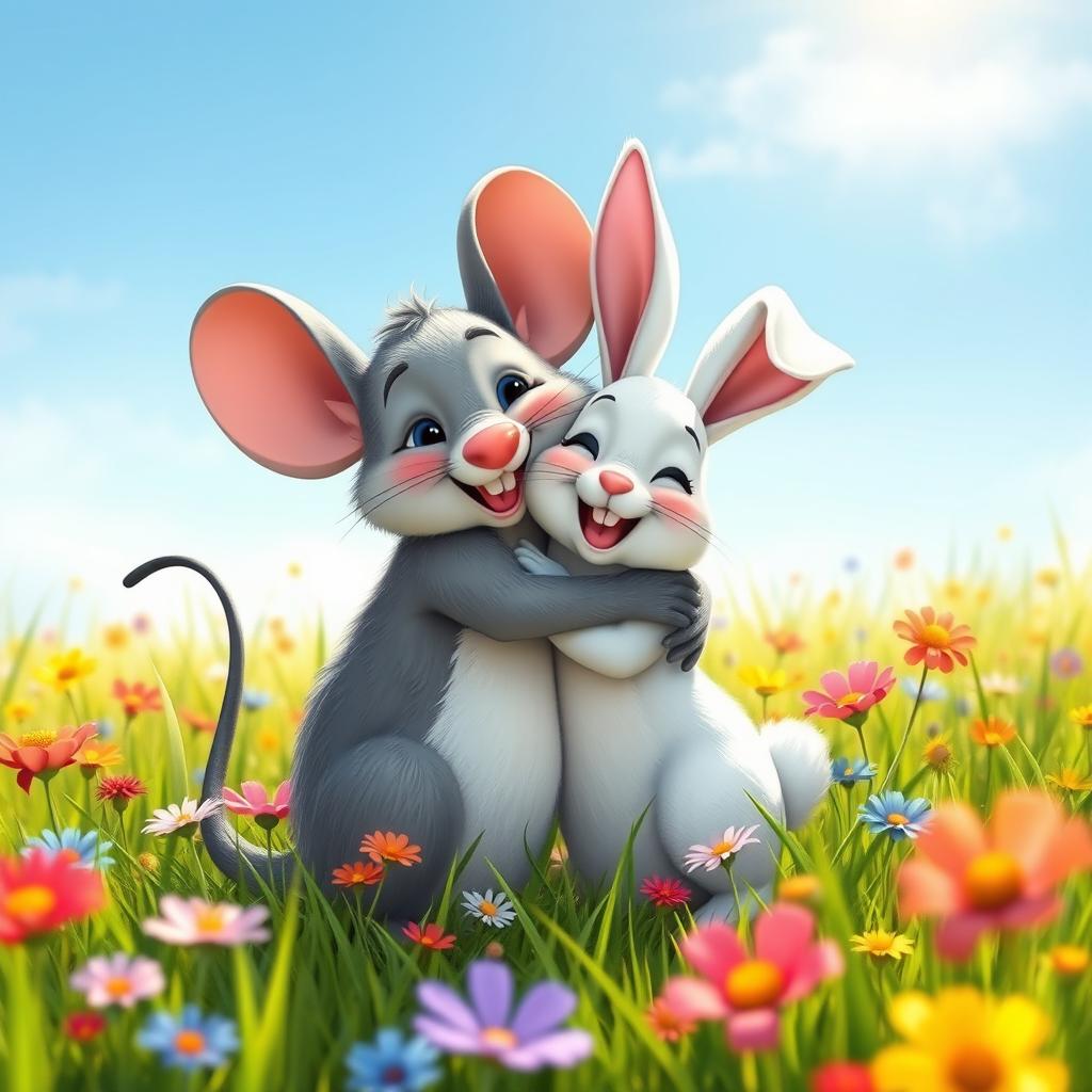 A cartoon grey mouse and a white rabbit hugging each other joyfully in a vibrant, colorful meadow