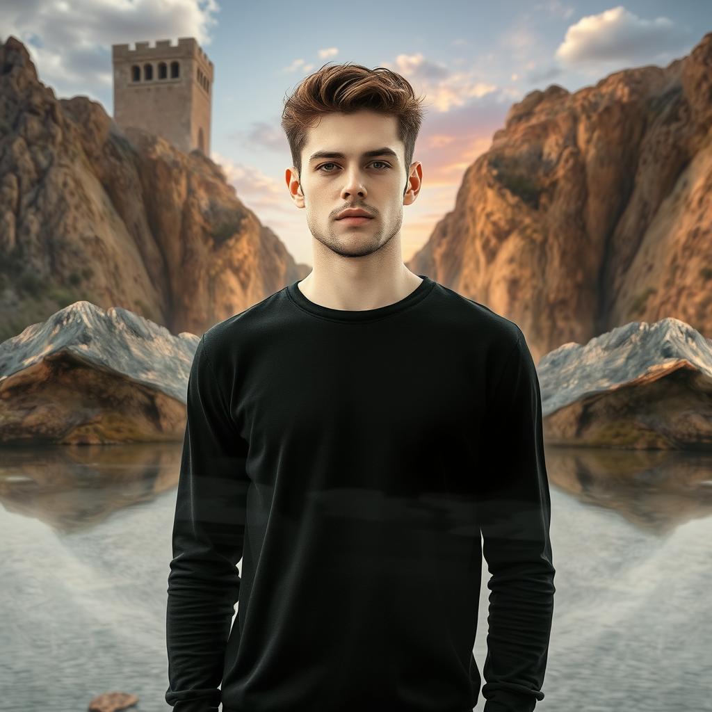 A seamless combination of two images where a male figure wearing a black top stands in the middle