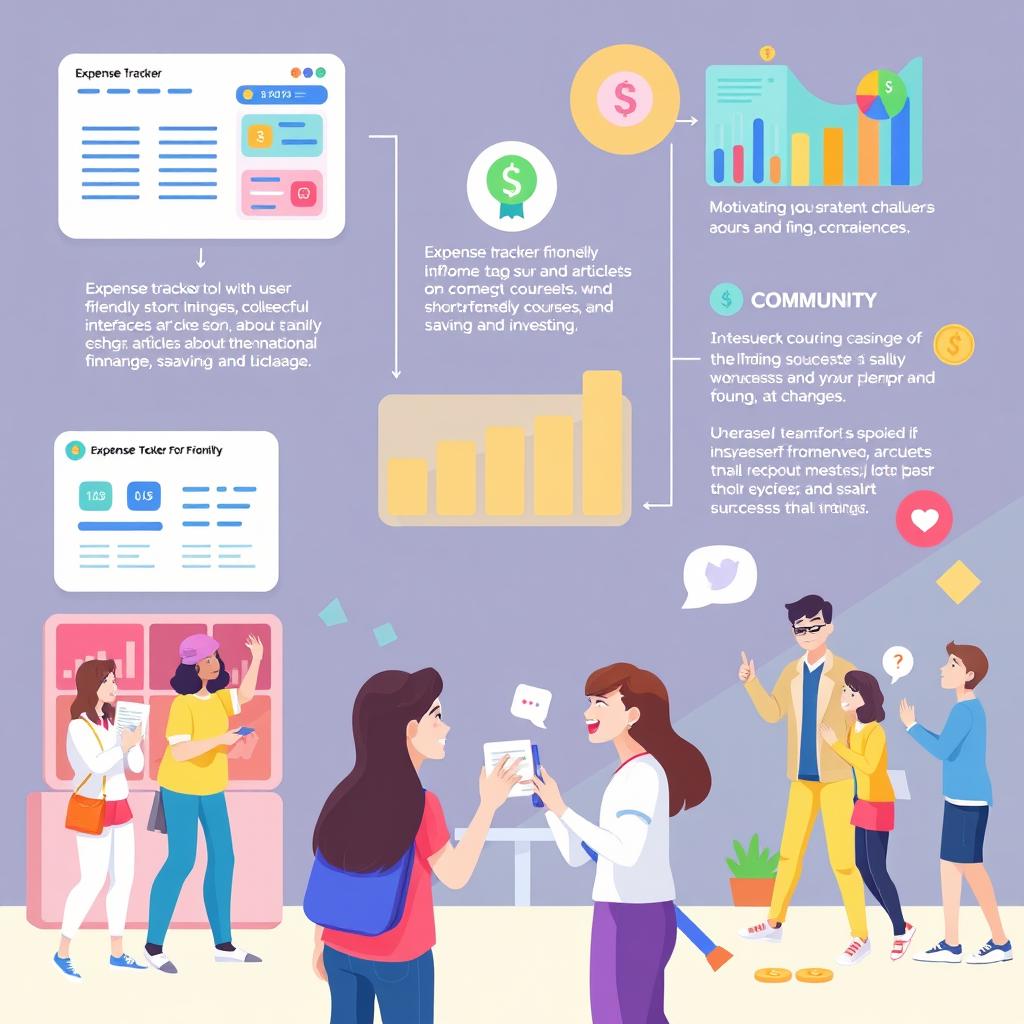 A modern, vibrant illustration depicting the concept of a financial management platform for young people, showcasing key elements