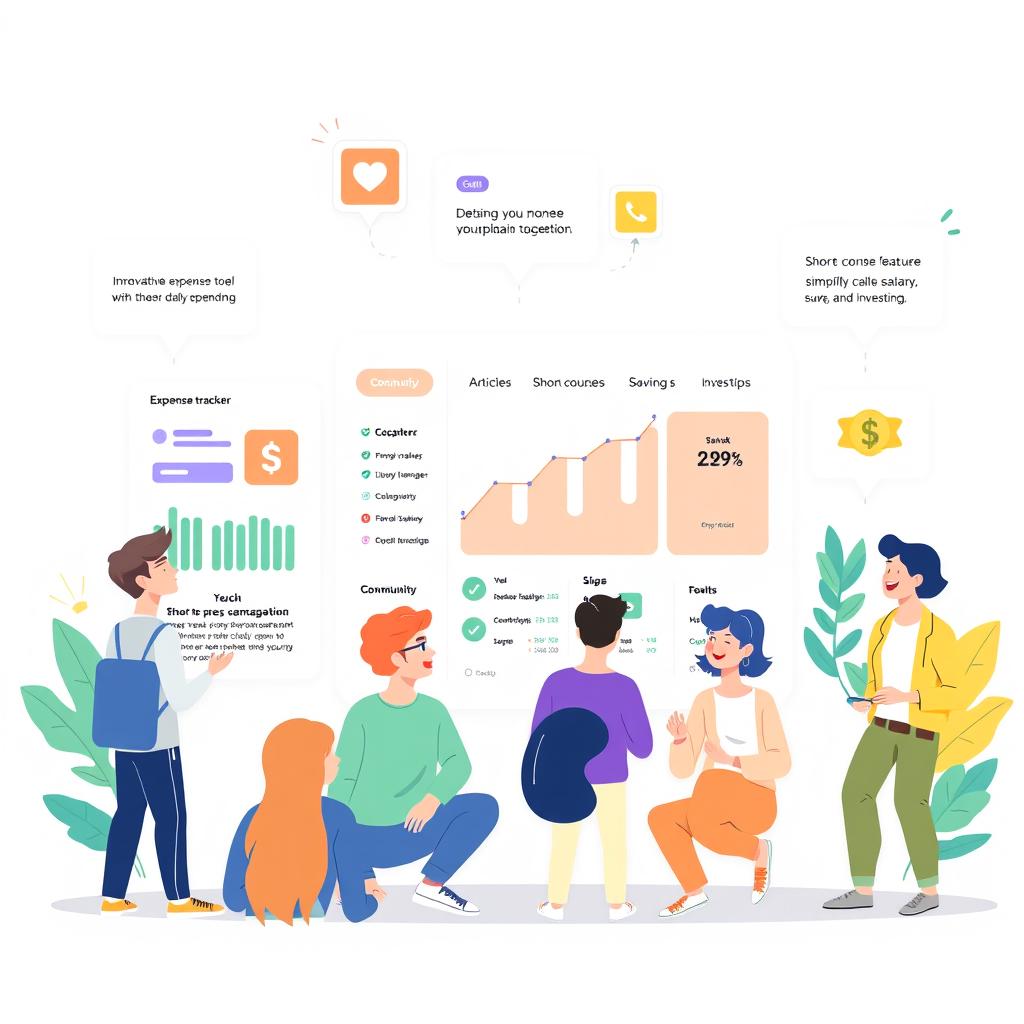 A modern, inviting illustration representing a financial management platform designed for young people to learn money management skills