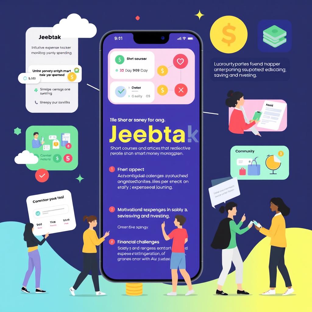 A dynamic and engaging illustration showcasing the concept of 'Jeebtak', a financial management platform aimed at educating young people on smart money management