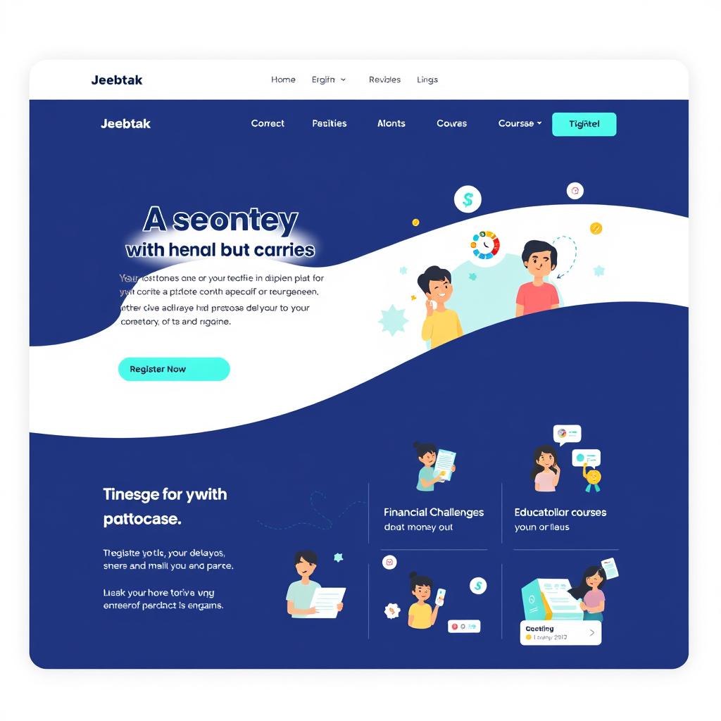 A preliminary design concept for the homepage of the 'Jeebtak' platform, featuring a youthful and simple interface with a soothing color scheme of white, dark blue, and Tiffany blue