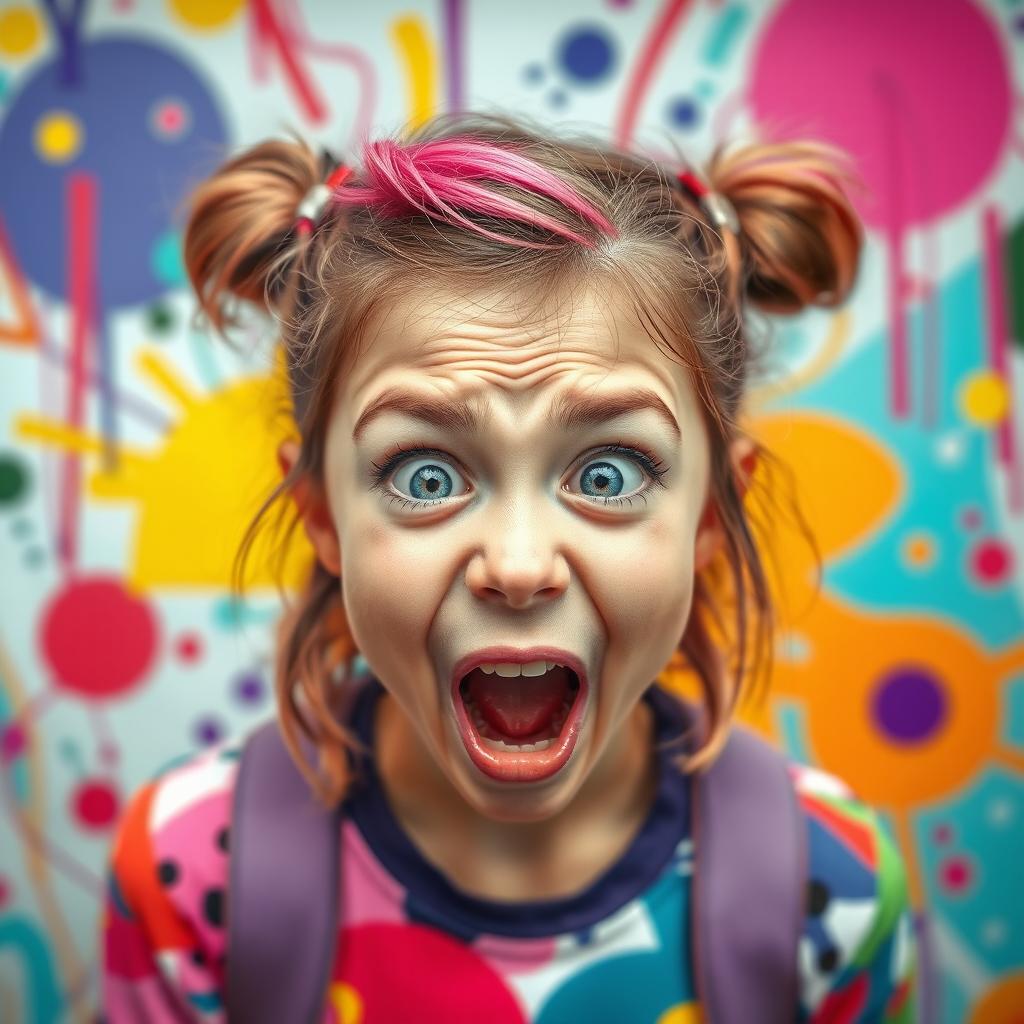 A girl making a wild, eccentric expression, with her lower jaw pushed back, creating a humorous and quirky look