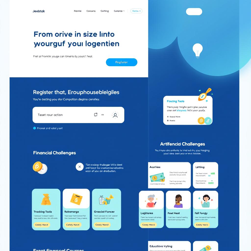 A preliminary design concept for the homepage of the 'Jeebtak' platform, featuring a youthful and simple interface with a calming color scheme of white, dark blue, and Tiffany blue