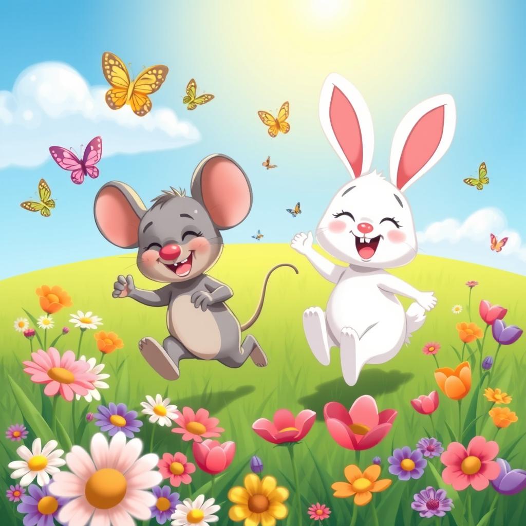 A joyful cartoon scene depicting Mousey and Fluffy, two cute cartoon animals, running together through a vibrant green meadow