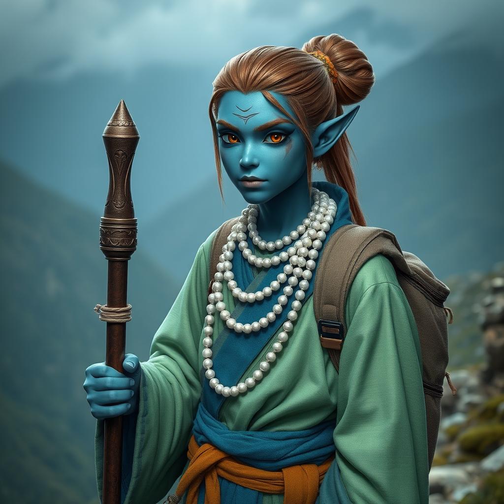 A young male elf-monk, a half-amphibian with deep blue skin and elongated facial features, featuring black eyes and a scar beneath his left eye