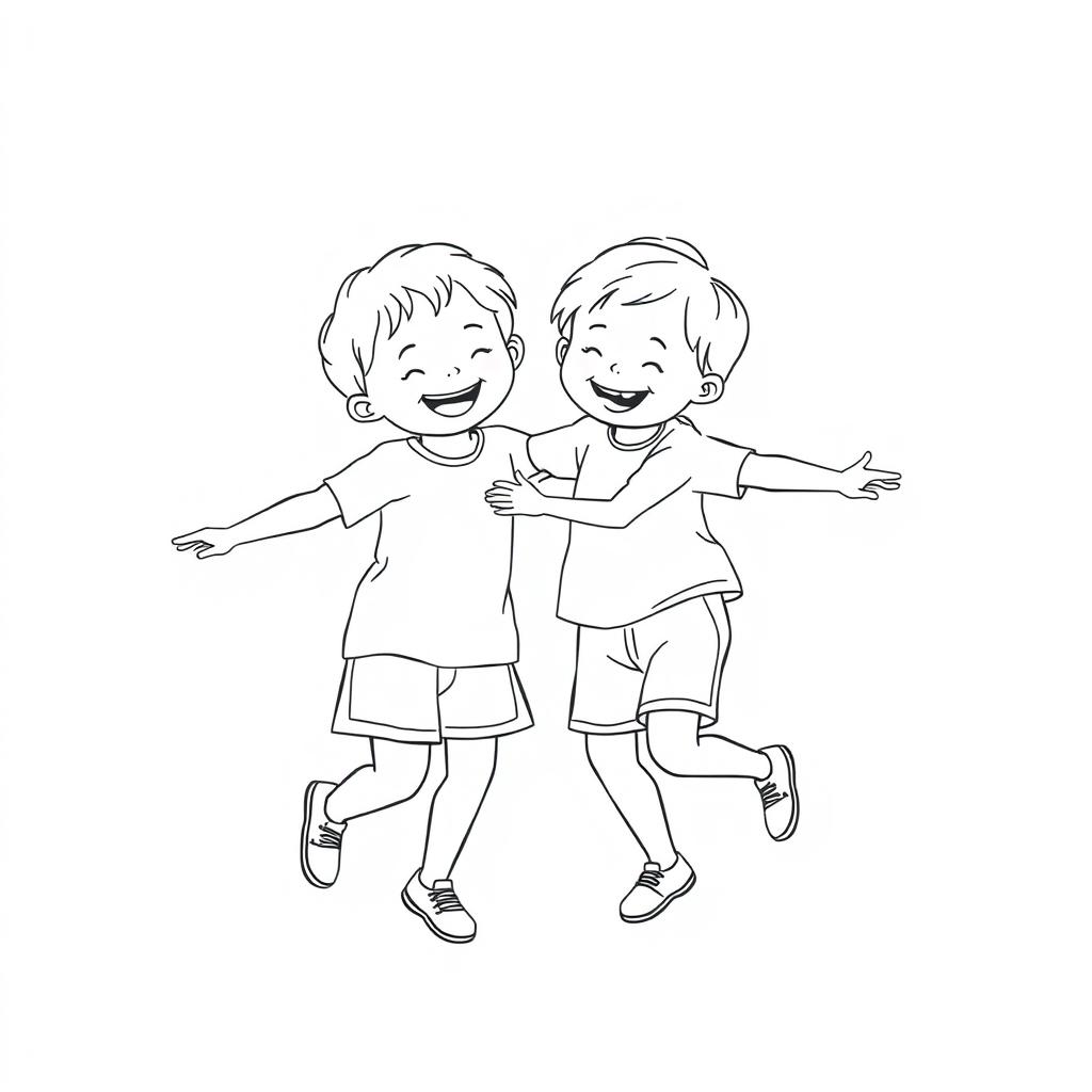A simple line drawing of two children playing together, focusing on their joyful expressions and playful poses