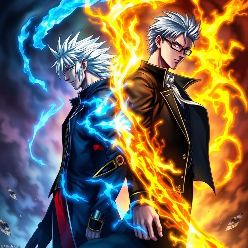 A dramatic scene featuring Vergil from Devil May Cry and Aizen from Bleach standing back-to-back, each surrounded by powerful and mystical auras that reflect their formidable strength