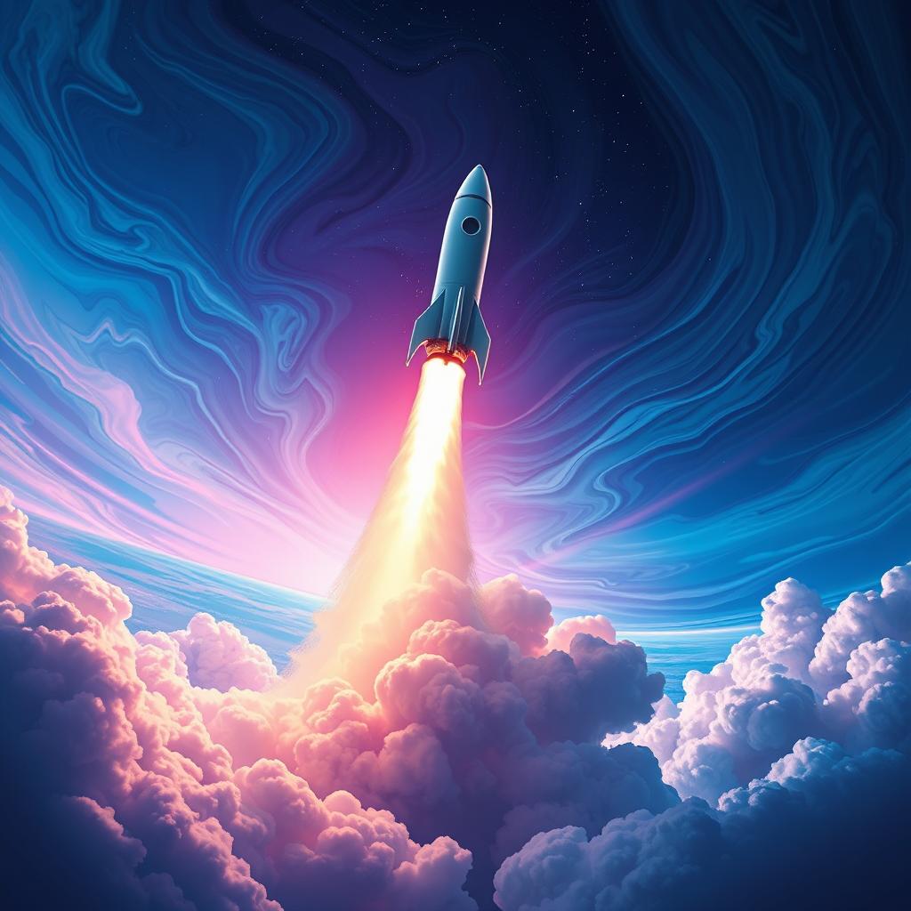 A stunning digital art poster depicting a rocket launch into space