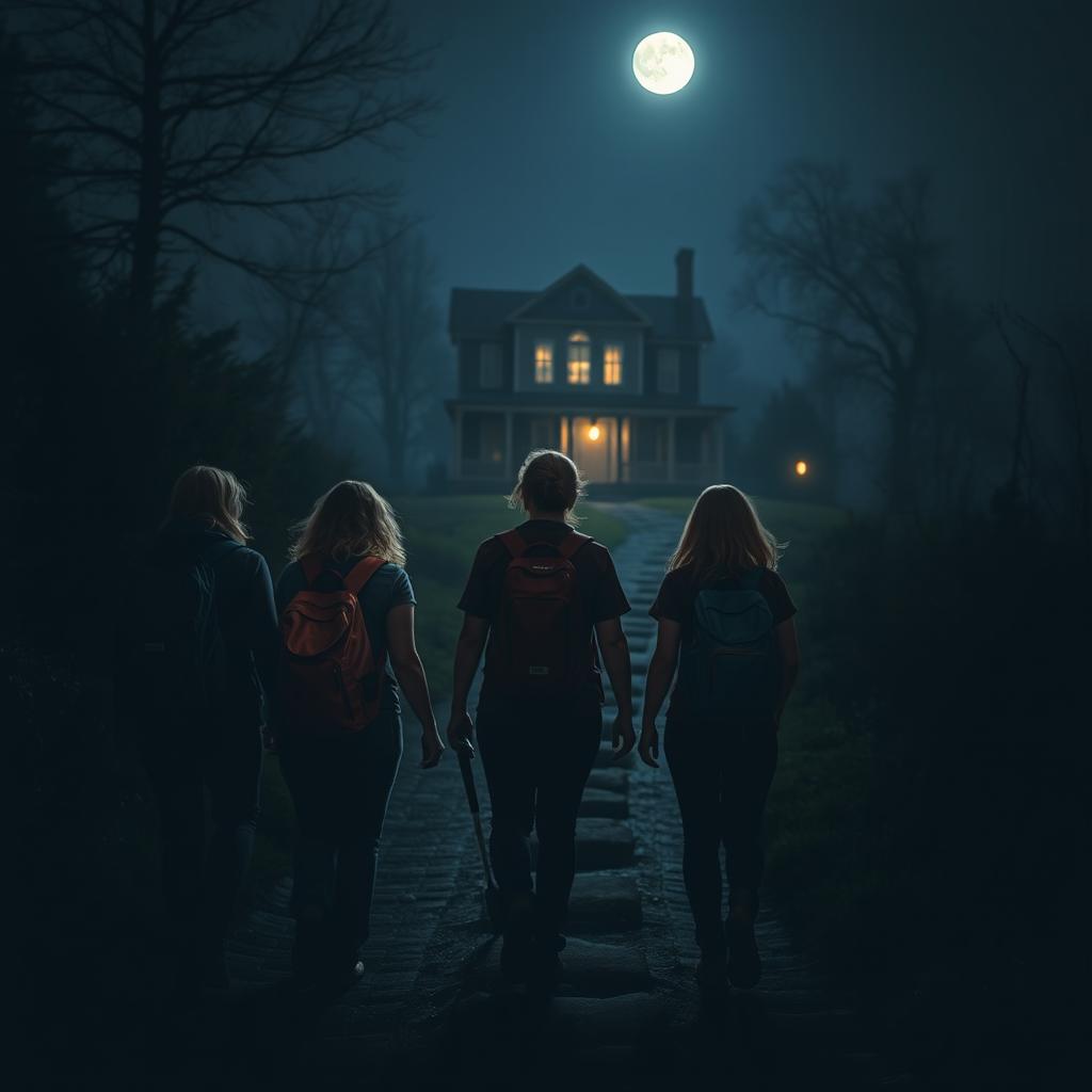 Five women and one man walk at night, seen from behind, along a dark, winding path with backpacks and flashlights