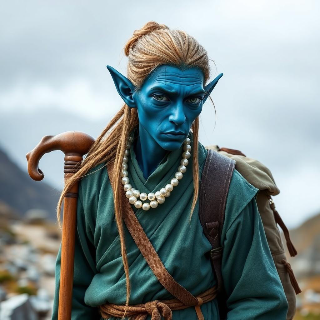 An elf monk, a male amphibian with deep blue skin and elongated facial features