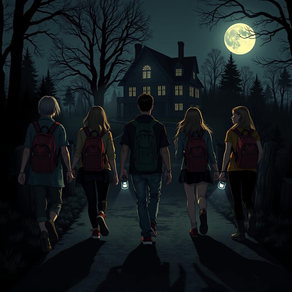 A night scene featuring one man and five women walking backwards along a dark pathway