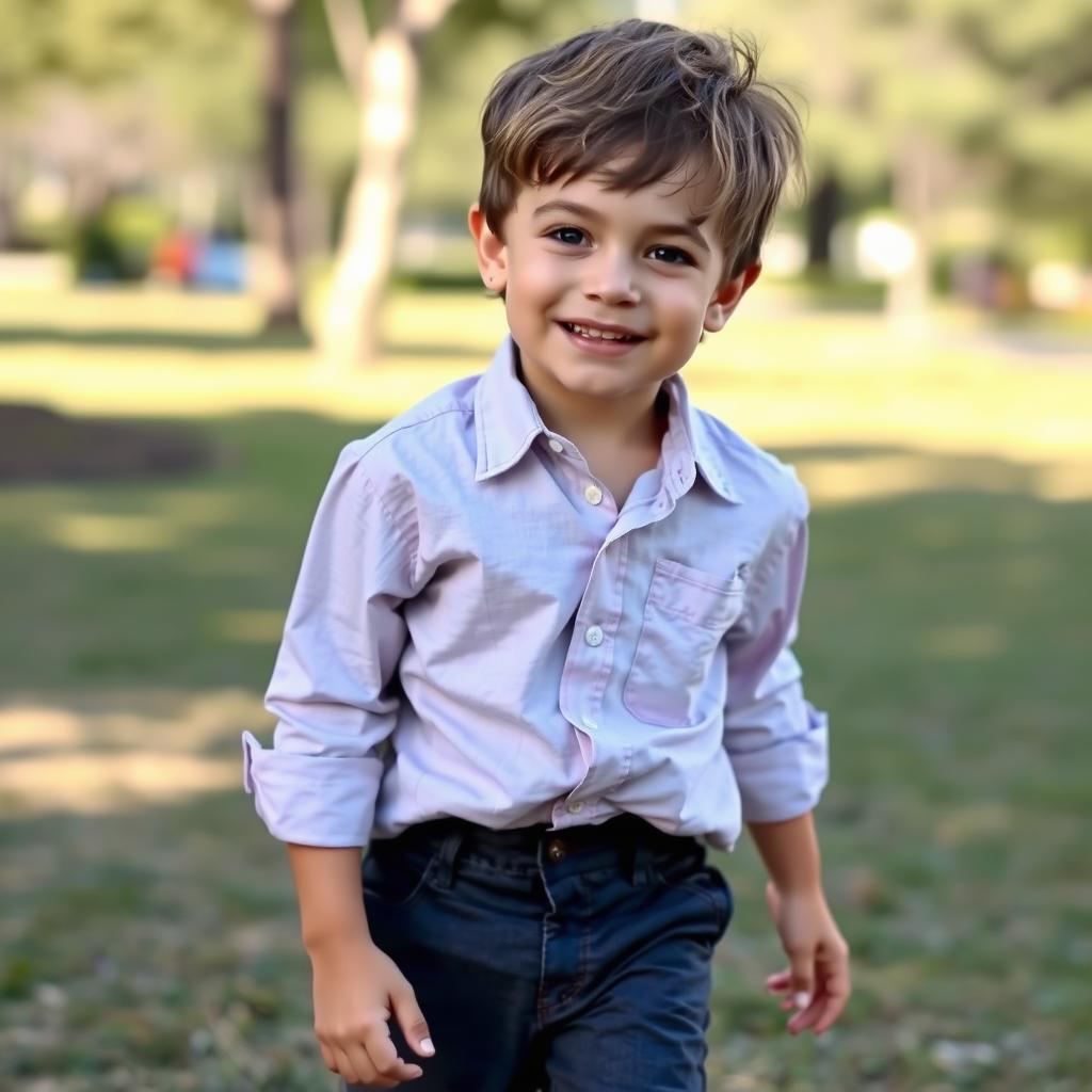 A candid photo of a young boy outdoors, wearing a casual shirt that appears untucked, smoothly cascading over his pants