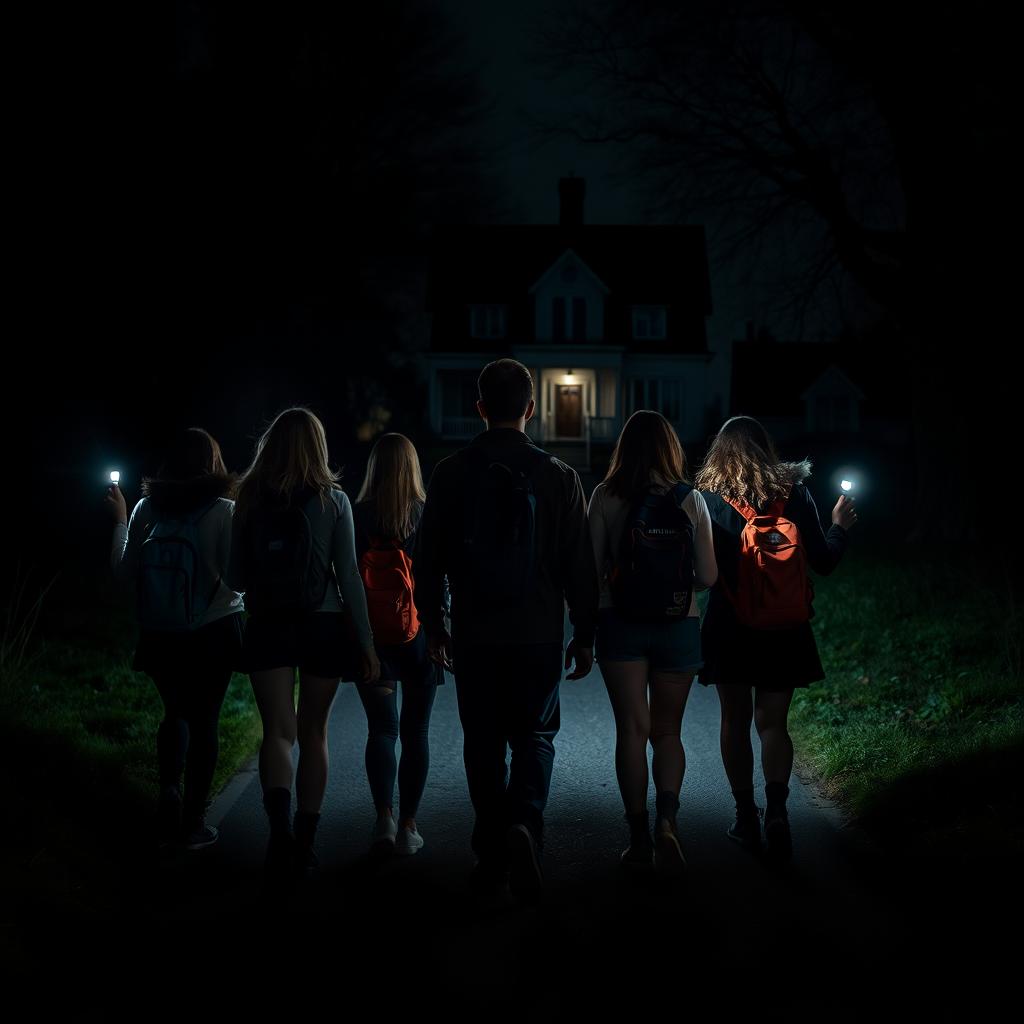 A night scene featuring one man and five women walking together down a dark pathway