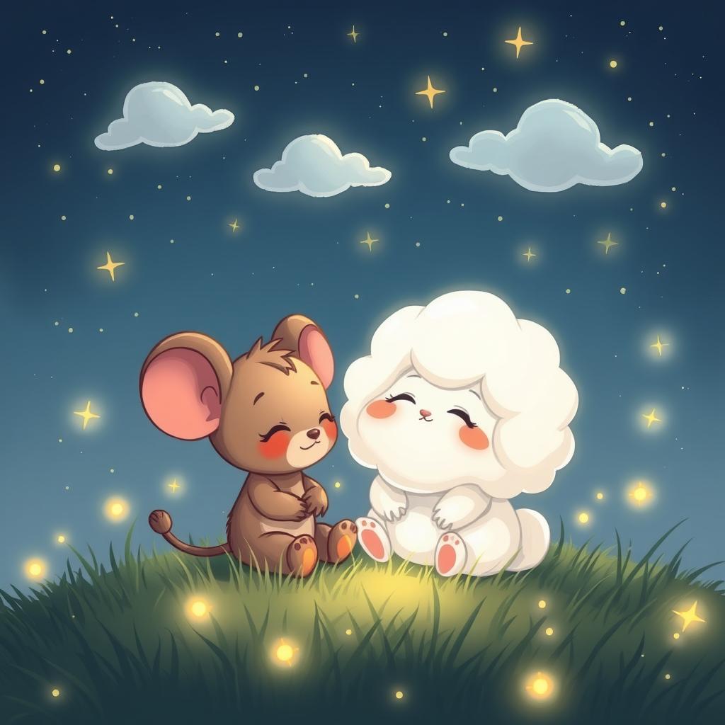 A cartoon illustration of two adorable characters, Mousey, a small cute mouse, and Fluffy, a fluffy cloud-like creature, peacefully sitting together under a starry night sky