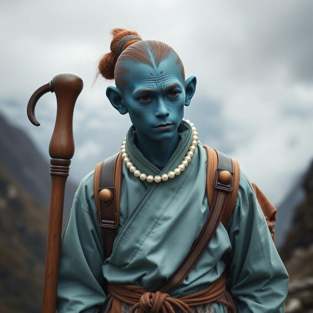 A Vedalkin monk, a male amphibian aged 25, with deep blue skin and elongated facial features