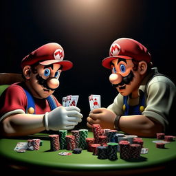 Photorealistic Mario and Luigi from the Super Mario series engaged in a game of poker with a realistic image of the rapper, Eminem.