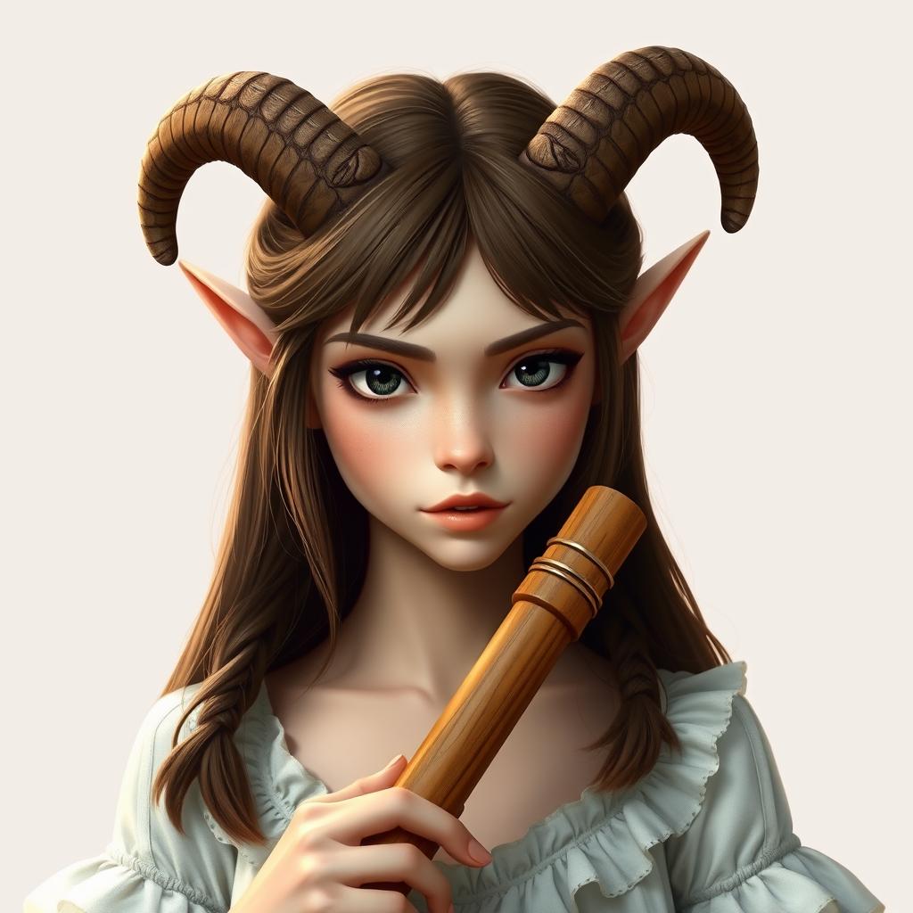 A young female satyr with small horns, shoulder-length hair styled with thin braids framing her face, holding a wooden flute