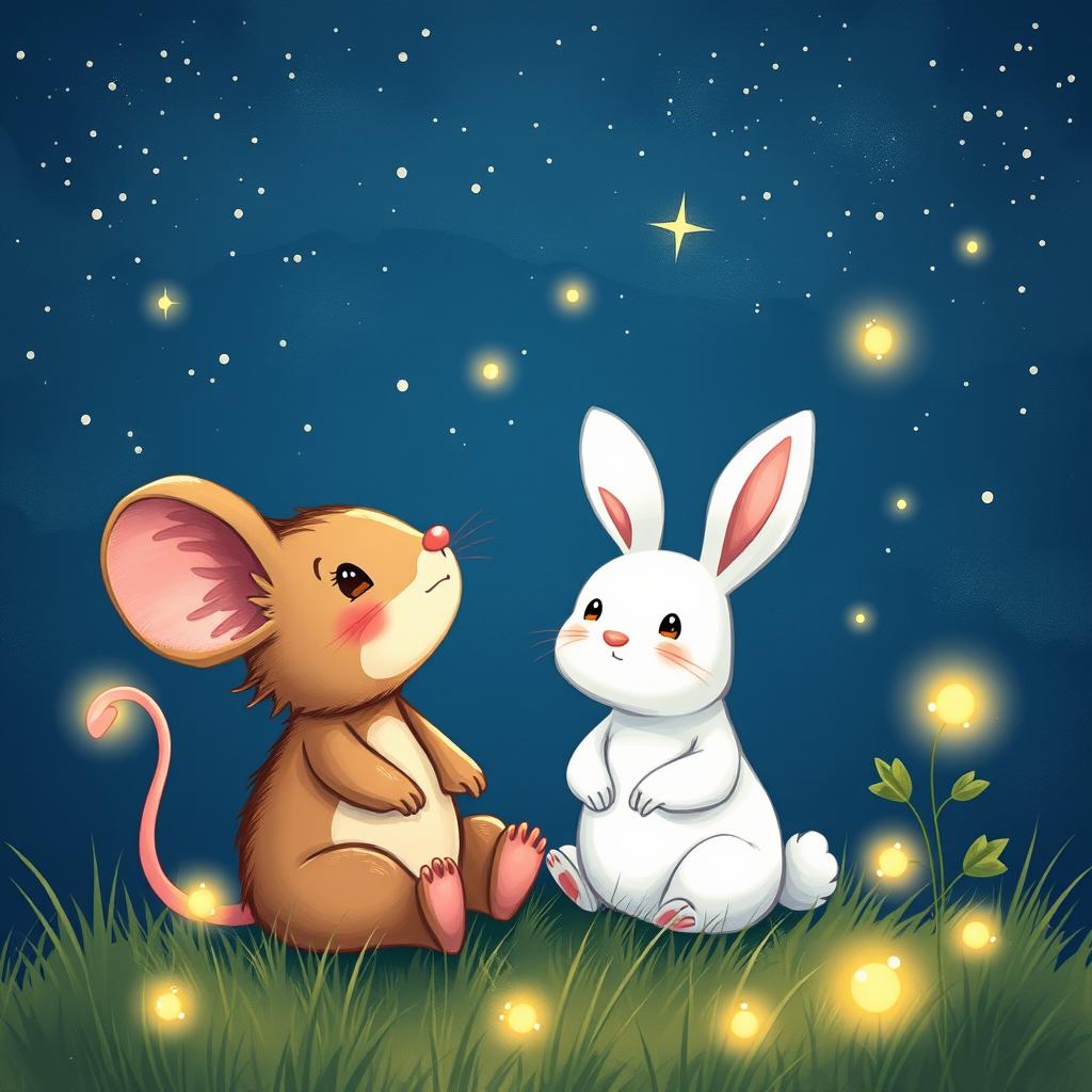 A delightful cartoon scene of a mouse and a white rabbit sitting cozily under a starry night sky