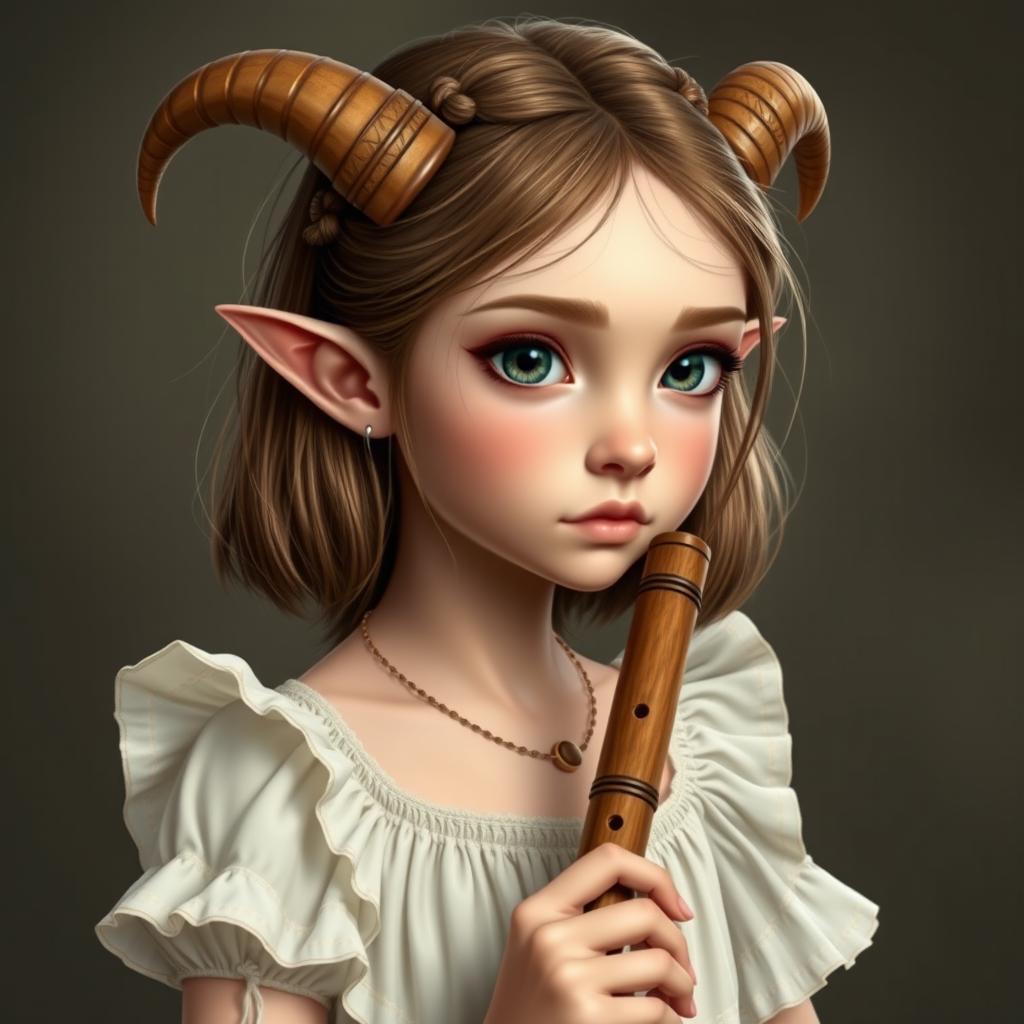 A young female satyr with small horns and shoulder-length hair adorned with thin braids framing her face