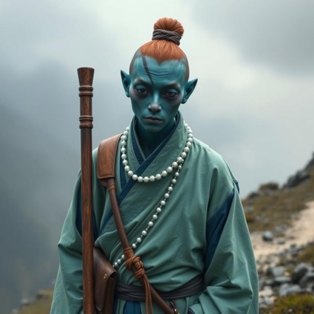 A Vedalken monk, a male amphibian around 25 years old, features deep blue skin, elongated facial traits, and black eyes with a scar beneath the left eye