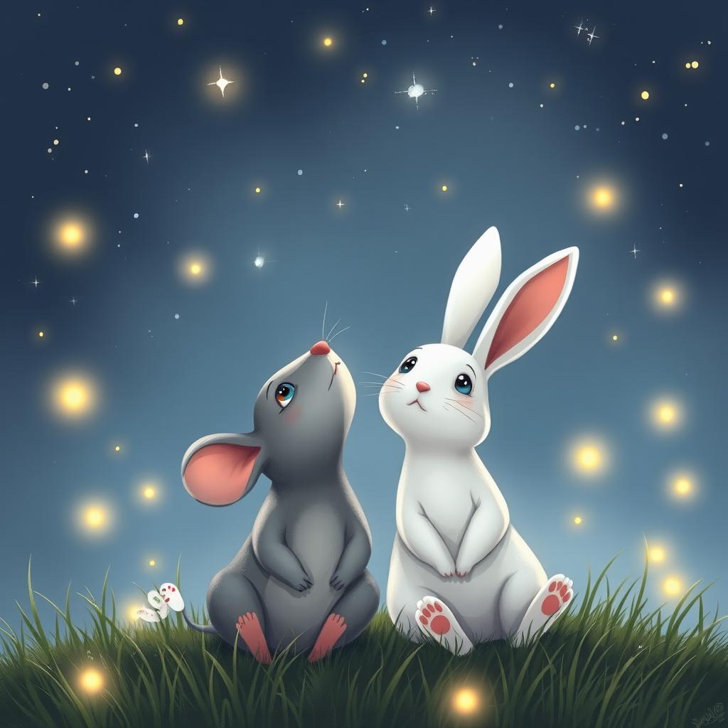 A whimsical cartoon scene featuring a grey mouse and a white rabbit sitting side by side under a starry night sky
