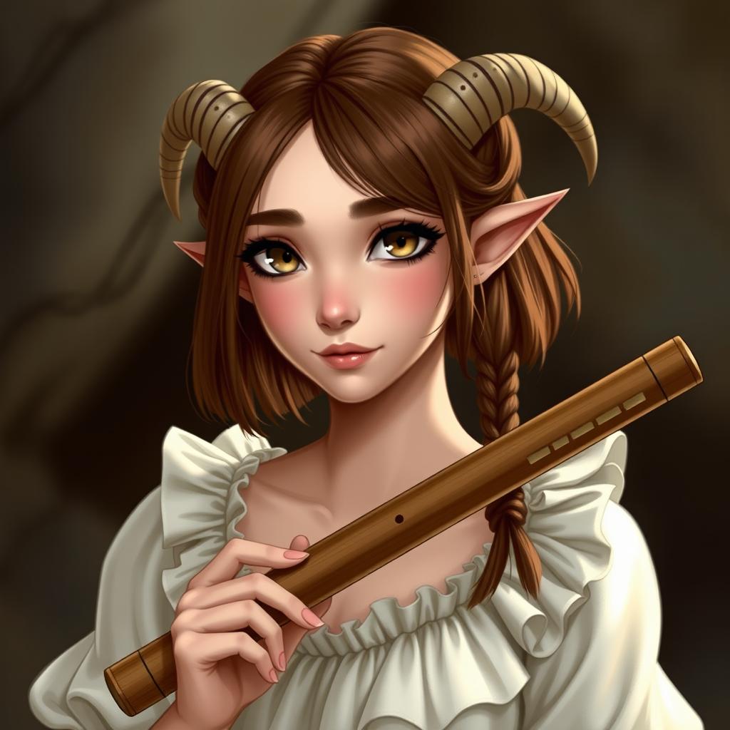 A female satyr character with small horns and shoulder-length hair styled in thin braids framing her face