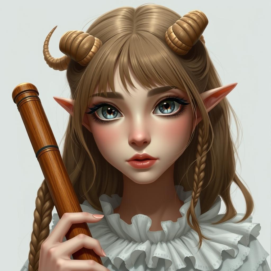 A female satyr with small horns and shoulder-length hair adorned with delicate braids framing her face