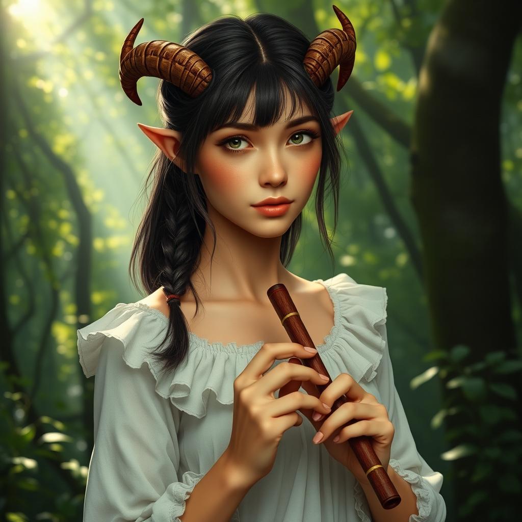 A satyr woman with small horns and shoulder-length hair styled in thin braids framing her face