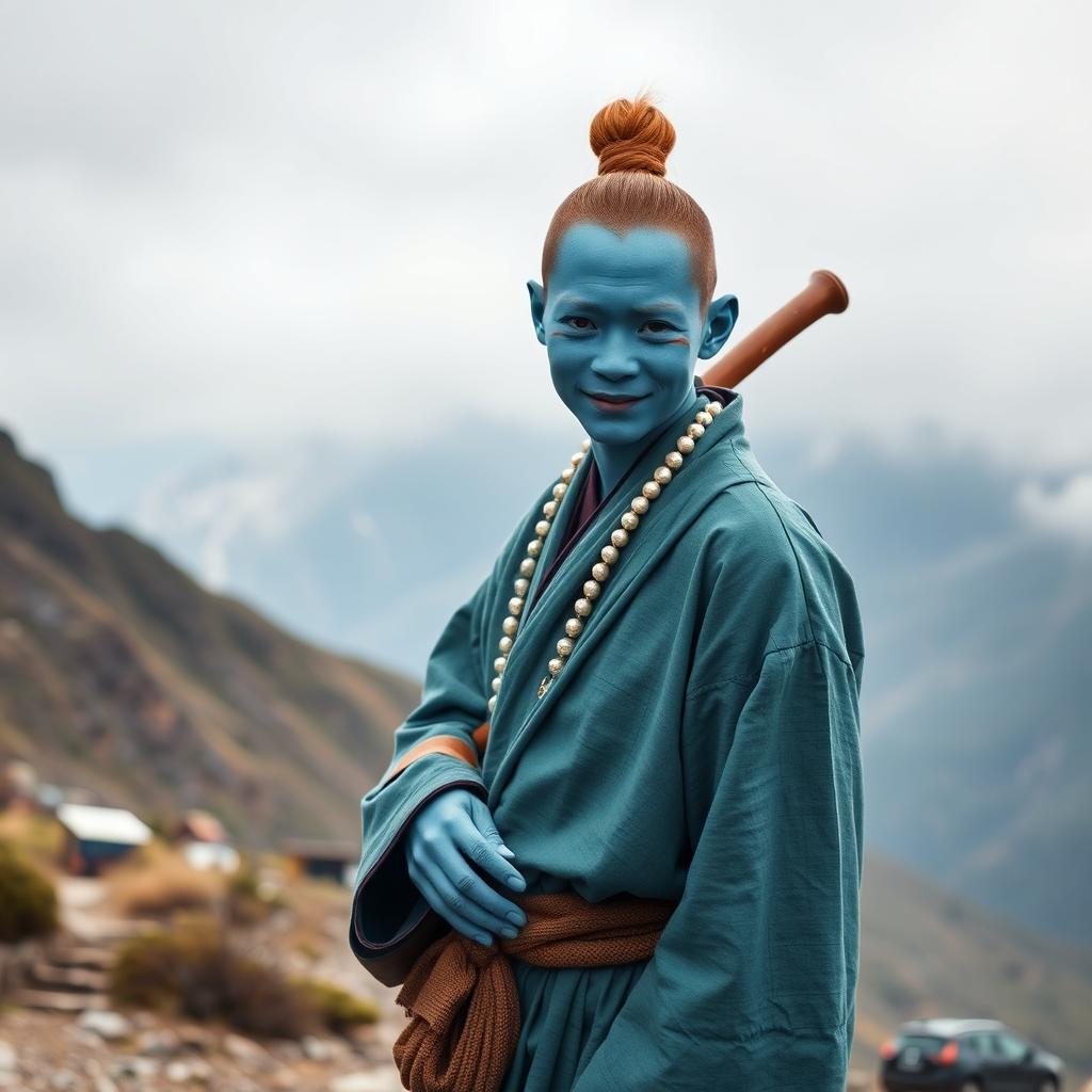 A blue-skinned amphibious monk, 25 years old, with elongated facial features and deep black eyes