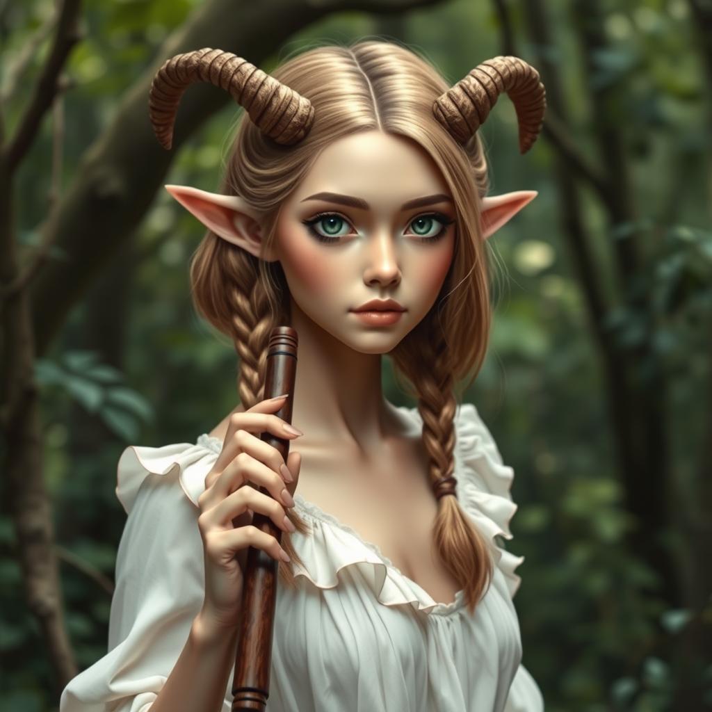 A satyr woman with small horns, shoulder-length hair styled with delicate braids framing her face, featuring large expressive eyes and a prominent nose