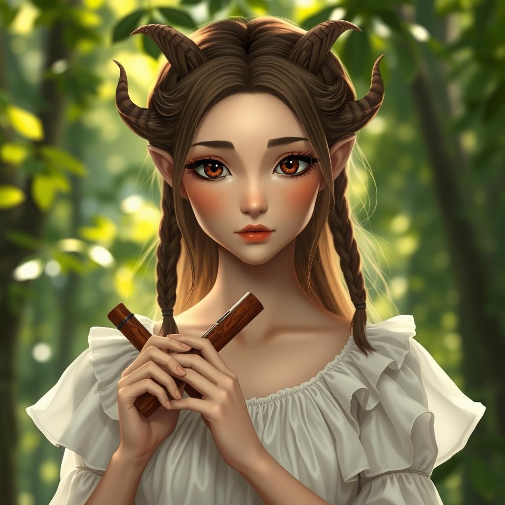 A female satyr with small horns and shoulder-length hair styled in thin braids framing her face