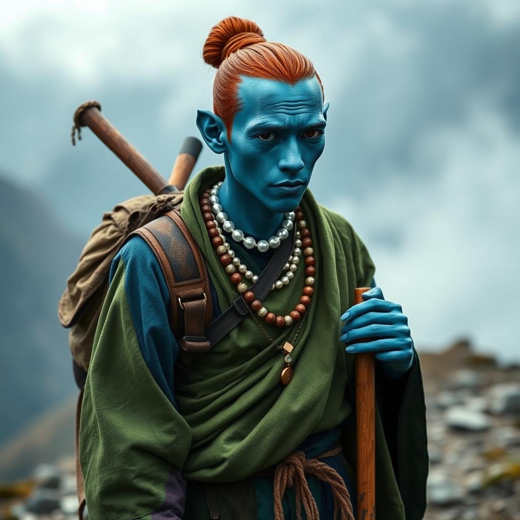 A Vedalken monk, a male amphibian aged 25, with deep blue skin and elongated facial features