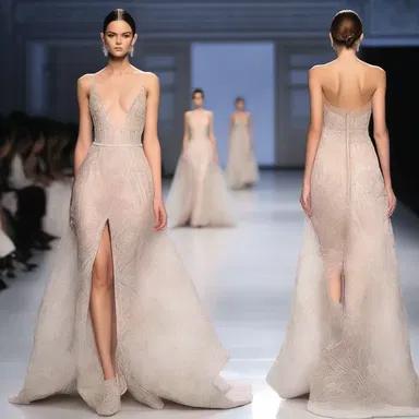 The designer showcased a stunning gown with intricate anionic patterns on the runway.