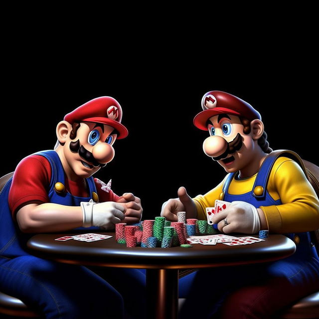 Photorealistic Mario and Luigi from the Super Mario series engaged in a game of poker with a realistic image of the rapper, Eminem.