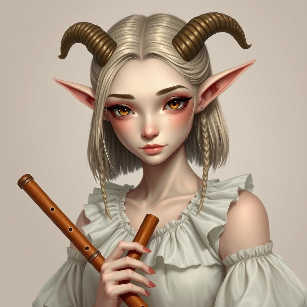 A female satyr with small horns and shoulder-length hair, adorned with thin braids framing her face