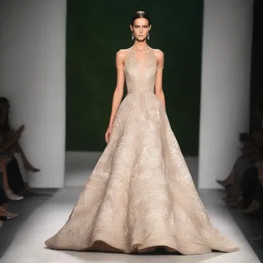 The designer showcased a stunning gown with intricate anionic patterns on the runway.