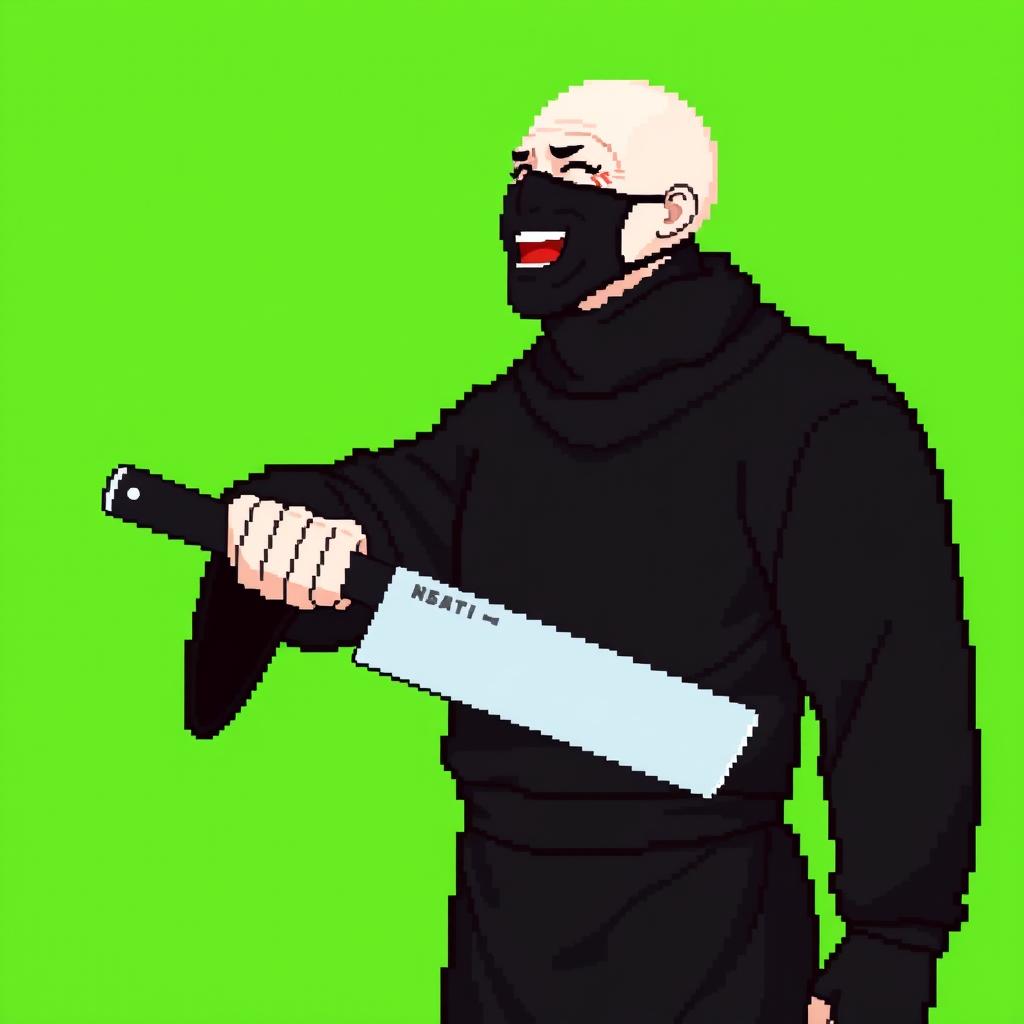 A full-body pixel art style image of a white bald man dressed entirely in black clothing, wearing a completely black medical mask on his face