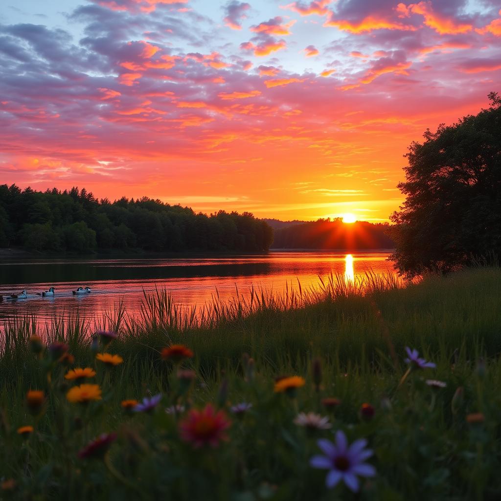 A breathtaking landscape featuring a stunning sunset over a serene lake, with vibrant orange and purple hues in the sky reflected on the water's surface