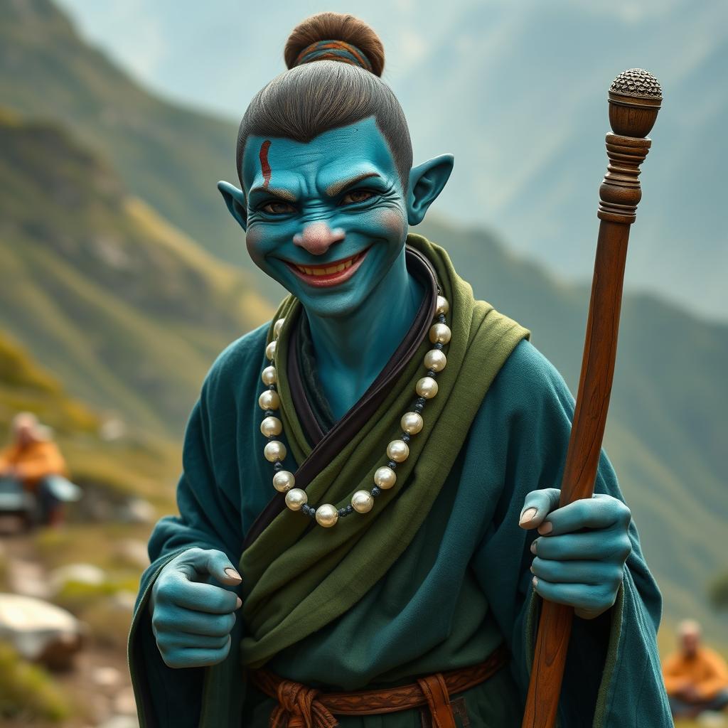 A Vedalken monk, a 28-year-old male amphibian with deep blue skin, elongated facial features, and black eyes