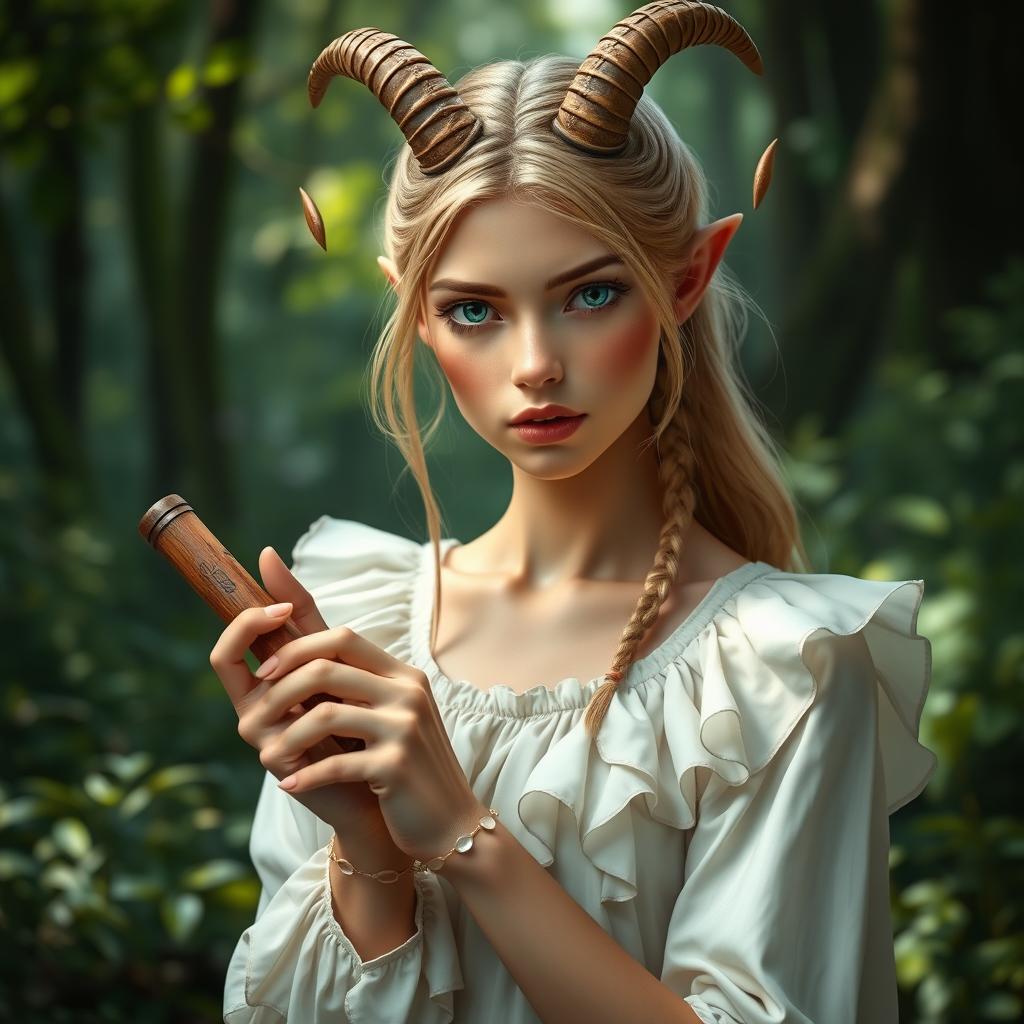 A female satyr with small horns on her head, showcasing her features such as shoulder-length blond hair with thin braids framing her face