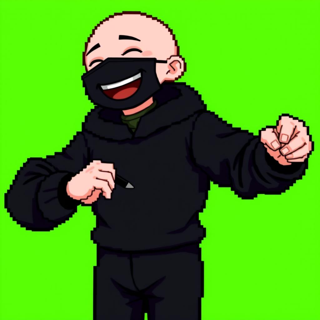 A full-body portrait of a pixel art style character, featuring a pale-skinned bald man wearing all black attire, including a completely black medical mask on his face