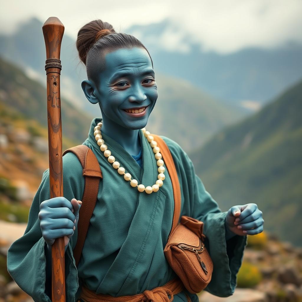 A 28-year-old amphibious monk, with deep blue skin, elongated facial features, and black eyes featuring a scar under the left eye