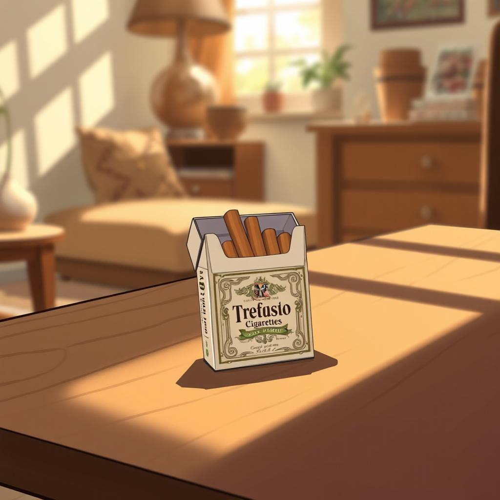 A detailed illustration of a cigarette pack sitting on a wooden table