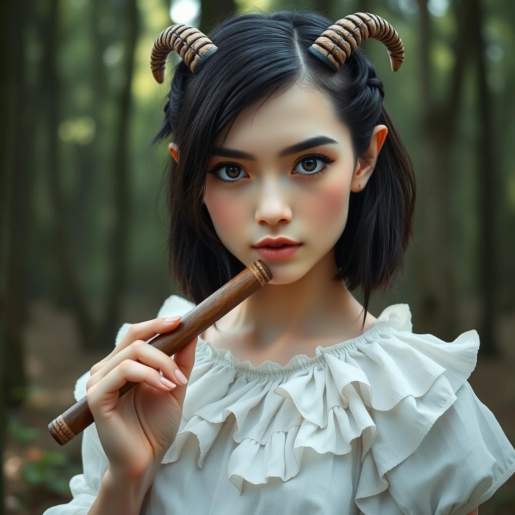 A female satyr with small horns on her head, featuring dark shoulder-length hair adorned with thin braids framing her face