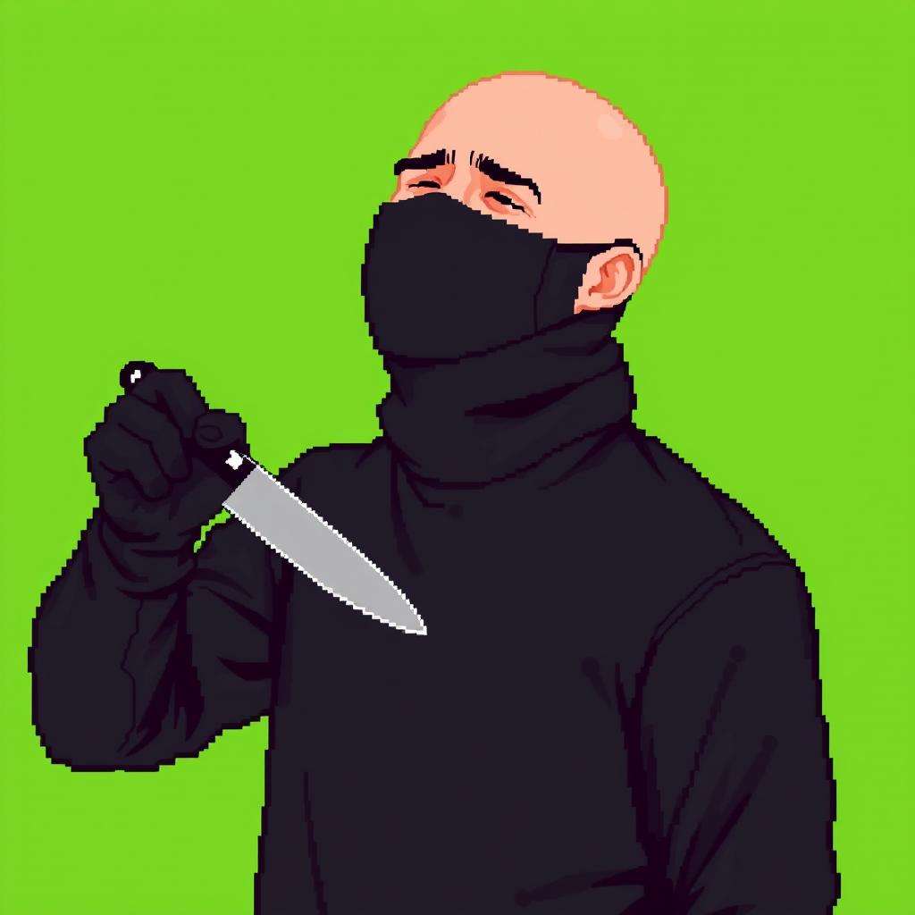 A pixel art style image featuring a bald, fair-skinned man dressed entirely in black clothing, including a fully black medical mask on his face