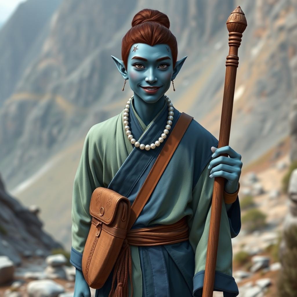 A 28-year-old male half-elf monk, with deep blue skin and elongated facial features