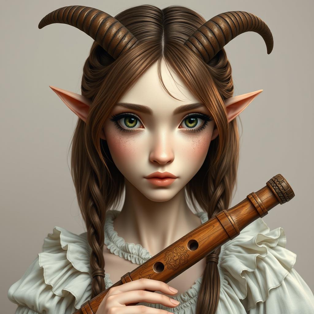 A female satyr with small horns, featuring shoulder-length brown hair adorned with thin braids framing her face