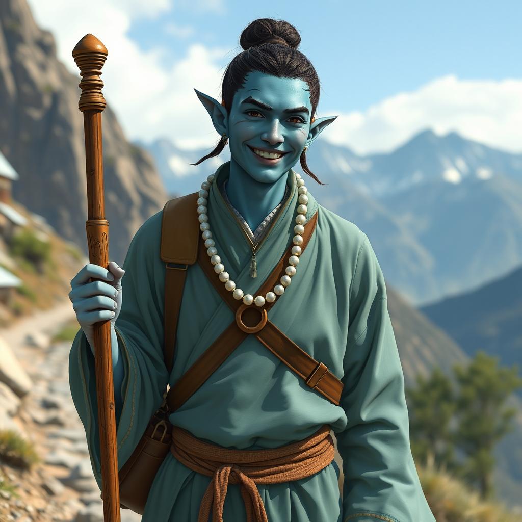 A half-elf monk with amphibian traits, a 28 year old male with deep blue skin, elongated facial features, and black eyes