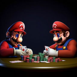 Photorealistic Mario and Luigi from the Super Mario series engaged in a game of poker with a realistic image of the rapper, Eminem.